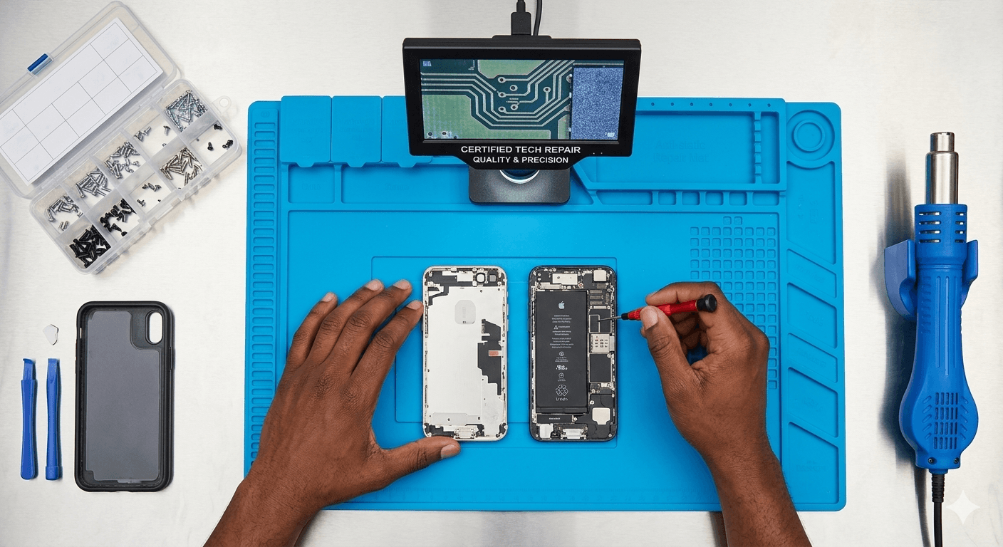 A Techmykel technician repairing a phone on the workbench